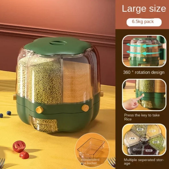 Large Food Storage Container with 360° Rotating Rice Barrels