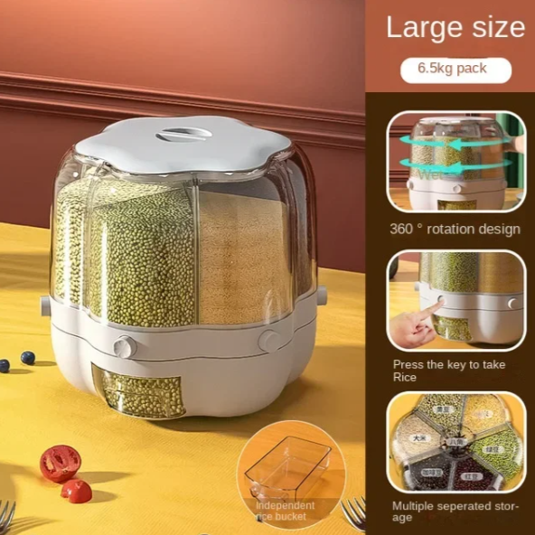 Large Food Storage Container with 360° Rotating Rice Barrels