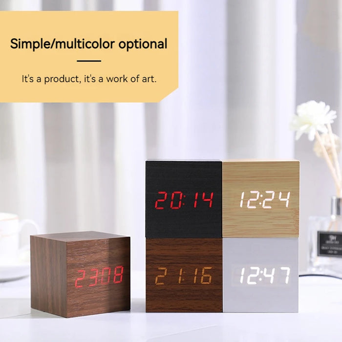 Wooden Digital Alarm Clock with Temperature Cube