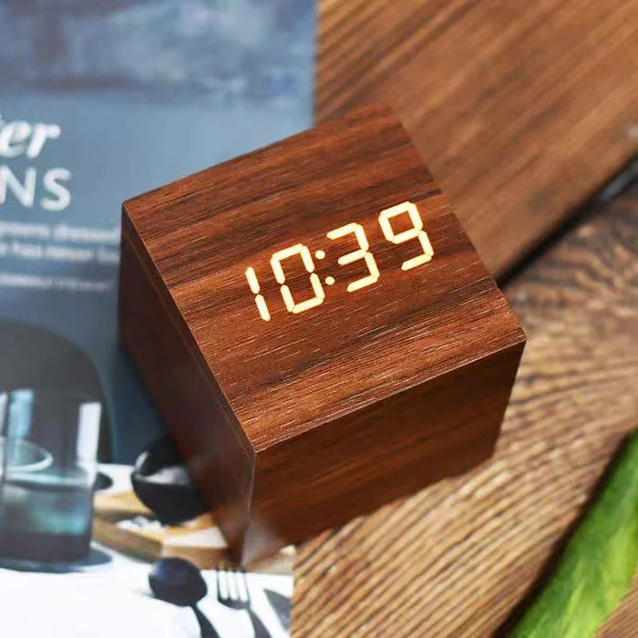 Wooden Digital Alarm Clock with Temperature Cube